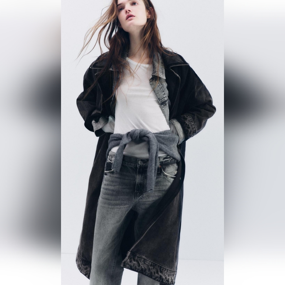 ZARA Denim Trench Coat Jacket Long Oversized Size L/XL - Picture 9 of 11
